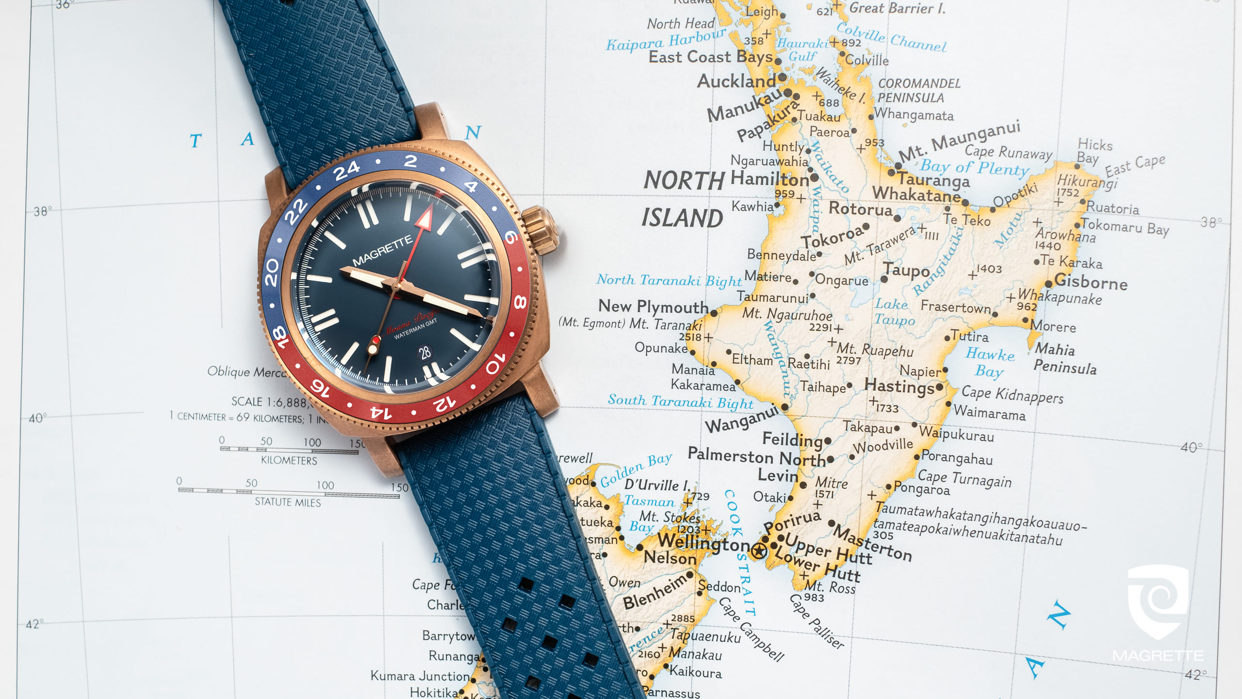 Magrette Timepeices -  waterman bronze GMT pepsi map